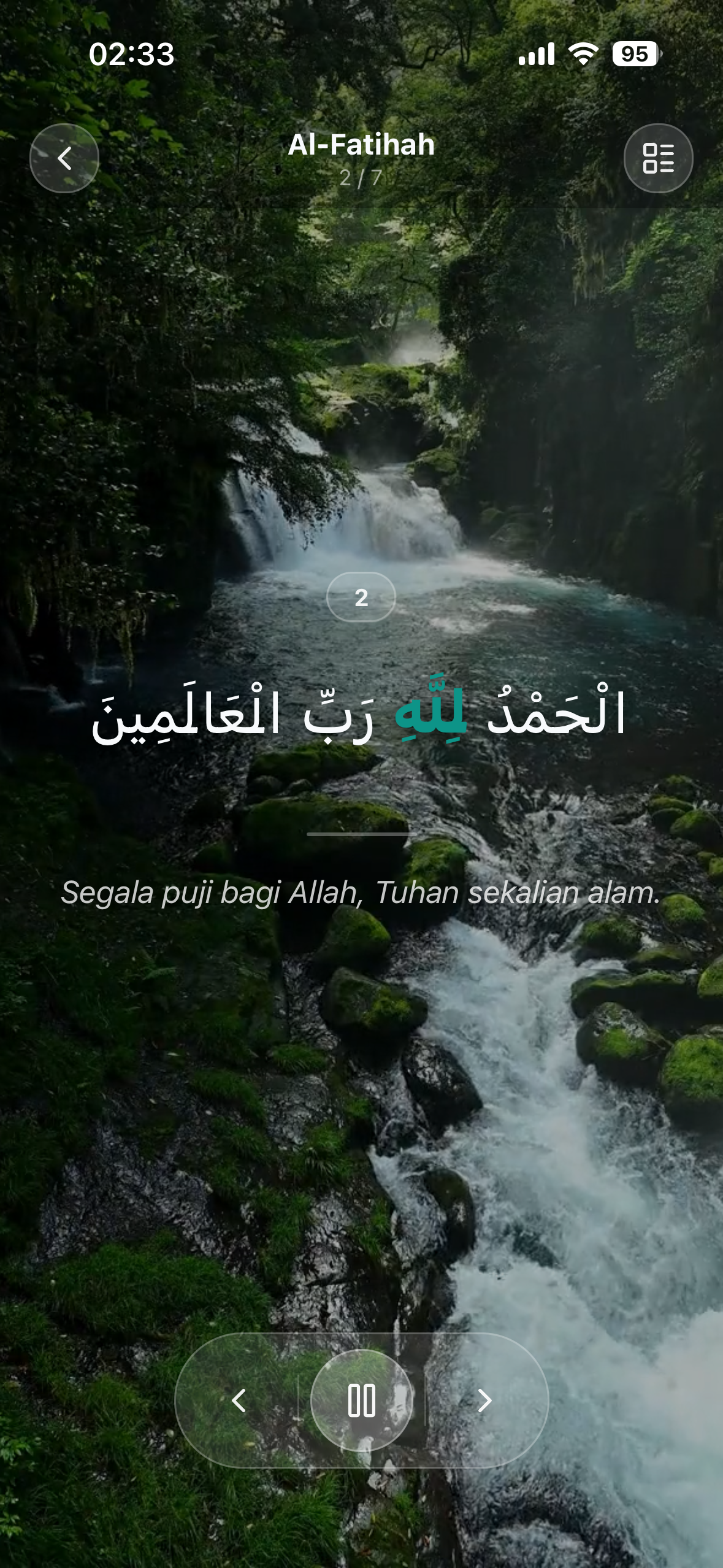 Quran Listening Mode — immersive waterfall video background, Al-Fatihah ayah 2, large play and pause control